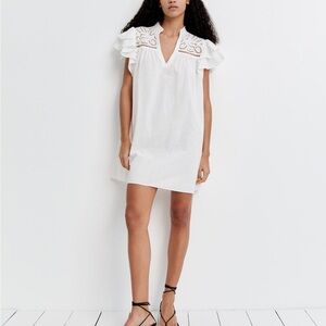 H&M White Mini Dress with Ruffle Sleeves